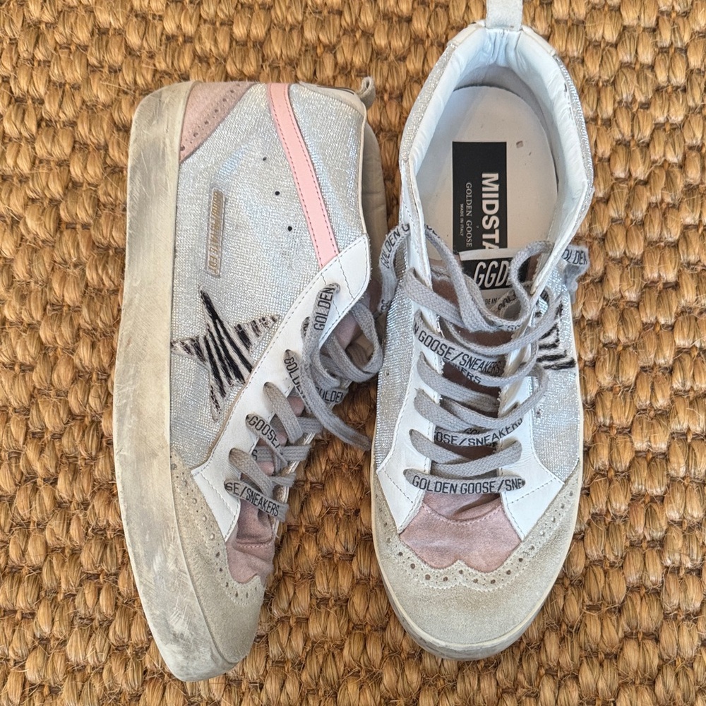 Golden Goose Mid Star Sneakers in Silver and Pink